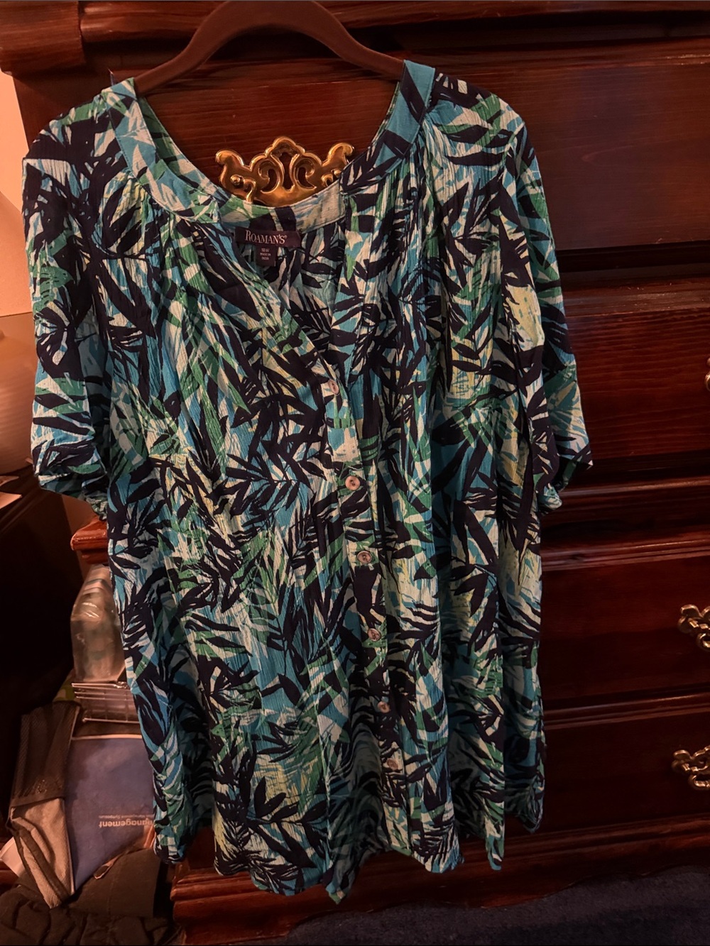 Roaman's Teal and Navy Abstract Button-Down Women's Top